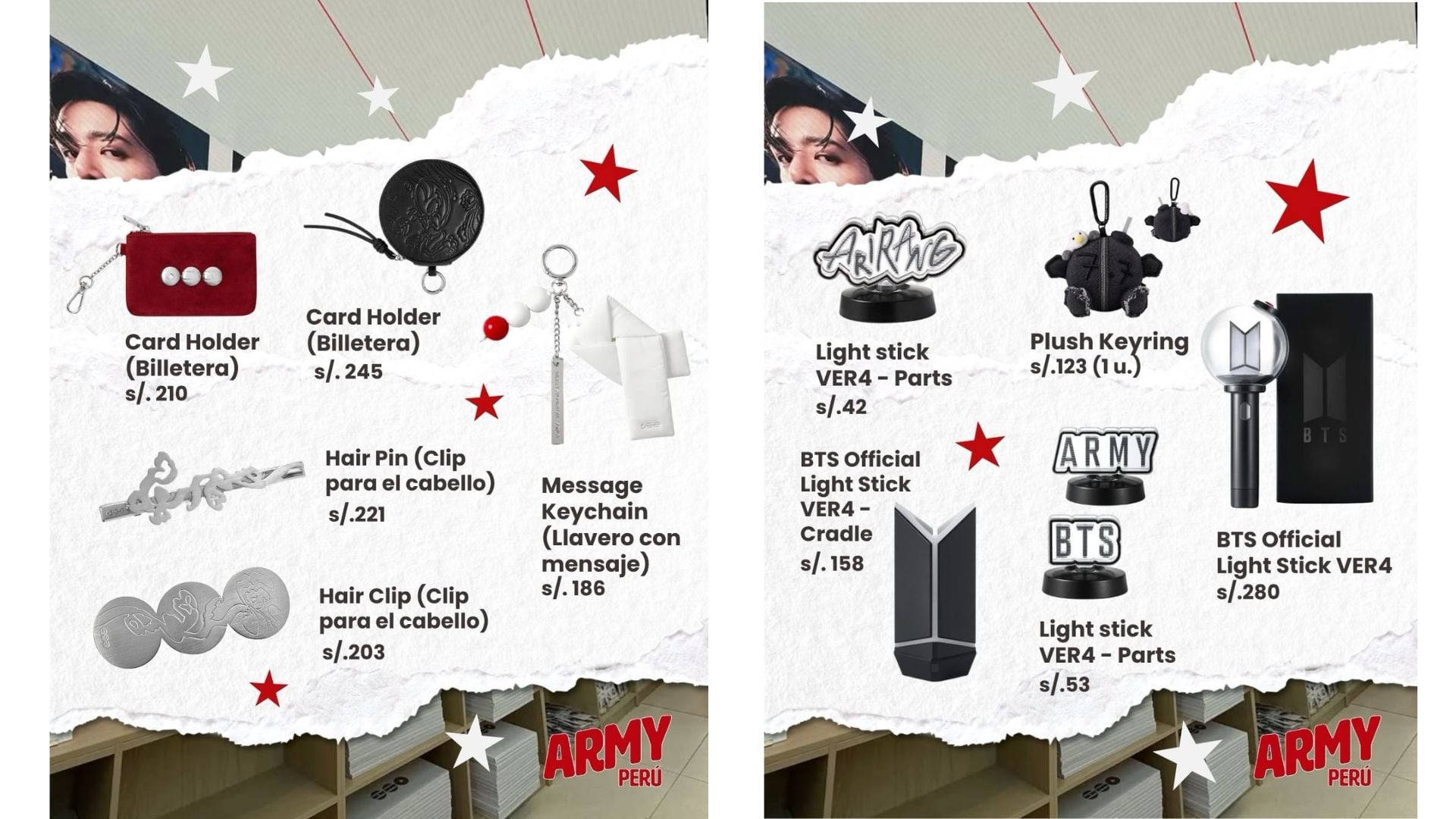 Una gráfica de ARMY Perú detalla los precios en soles de billeteras, accesorios para el cabello y linternas oficiales en la tienda temporal de BTS. (Army Perú)