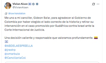 Embajadora de Israel en Colombia se unió a la celebración sobre la salida de Colombia de demanda contra Israel ante la Corte Internacional de Justicia - crédito @VivianAisen/X