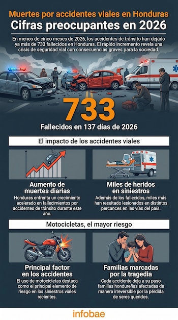 Infografía mostrando accidentes de tránsito, policías, ambulancia, heridos, motocicletas y una familia afligida, con datos sobre 733 muertes en Honduras.