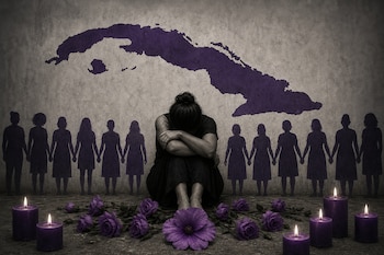 Una persona sentada en el suelo rodeada de flores y velas moradas ante la silueta del mapa de Cuba y sombras de mujeres.