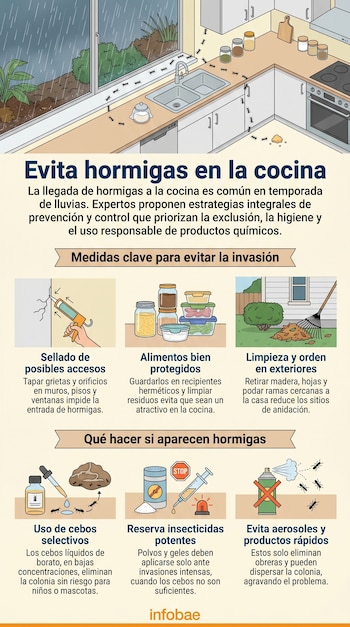 Infografía detallada sobre la prevención y control de hormigas en la cocina, ilustrando el sellado de accesos, almacenamiento de alimentos y uso de cebos.