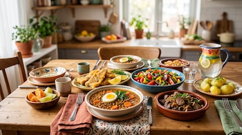 Platos con guiso de lentejas, huevo duro, pescado frito, hígado, ensalada de verduras, papas hervidas y rodajas de cítricos en una mesa de madera.