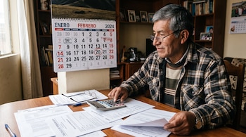 Hombre con anteojos sentado a una mesa con una calculadora, solicitudes de pensión de jubilación en papel y un calendario de pared de 2024.
