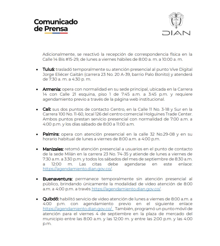 En Tuluá, la atención presencial fue trasladada de forma temporal al punto Vive Digital Jorge Eliécer Gaitán, en la carrera 23 No. 20 A-39 del barrio Palo Bonito - crédito Dian