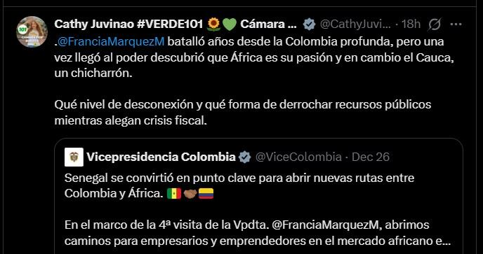 Catherine Juvinao lanzó duros comentarios en contra de la vicepresidenta Francia Márquez - crédito @CathyJuvinao