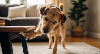 Un perro de pelaje marrón claro introduce una pata debajo de una mesa de madera. Un premio con forma de hueso se ve junto a la pata. Fondo de sala de estar.