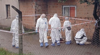 Cinco personas con trajes forenses blancos y cubrezapatos azules trabajan en una escena detrás de una valla y cinta de precaución. Al fondo, una casa de ladrillo