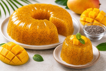 Una gelatina de mango con chía en un plato, una porción individual, trozos de mango, hojas de menta y un recipiente con semillas.