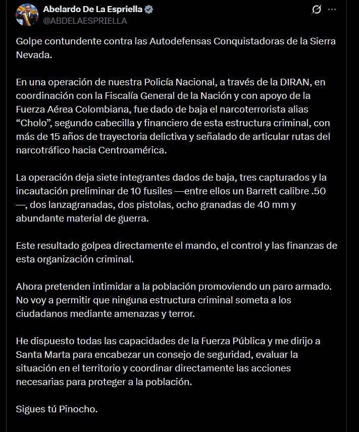 El presidente Abelardo De La Espriella anunció que viajará a Santa Marta para encabezar un consejo de seguridad ante la amenaza de paro armado - crédito @ABDELAESPRIELLA / X