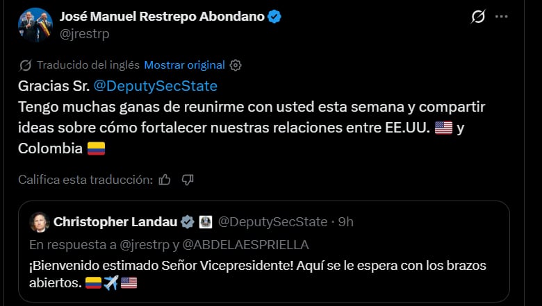 José Manuel Restrepo agradeció el mensaje de Landau y afirmó que espera reunirse con él para “fortalecer” las relaciones entre Estados Unidos y Colombia - crédito @jrestrp/X