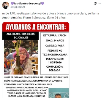 La difusión de información precisa sobre el aspecto físico y último trayecto de Aneth permitió coordinar esfuerzos ciudadanos para acelerar la búsqueda. (X/ @er393029)