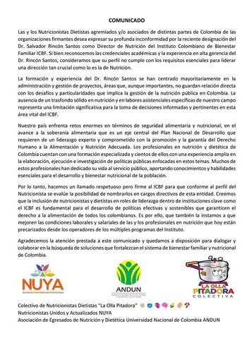 Gremios de nutricionistas y dietistas manifiestan inconformidad por el nombramiento de Salvador Rincón como director de Nutrición del Icbf - crédito Nuya