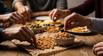 Primer plano de varias manos tomando mani picanet casero de un bol y de una superficie con papel sobre una mesa de madera, junto a otros aperitivos.