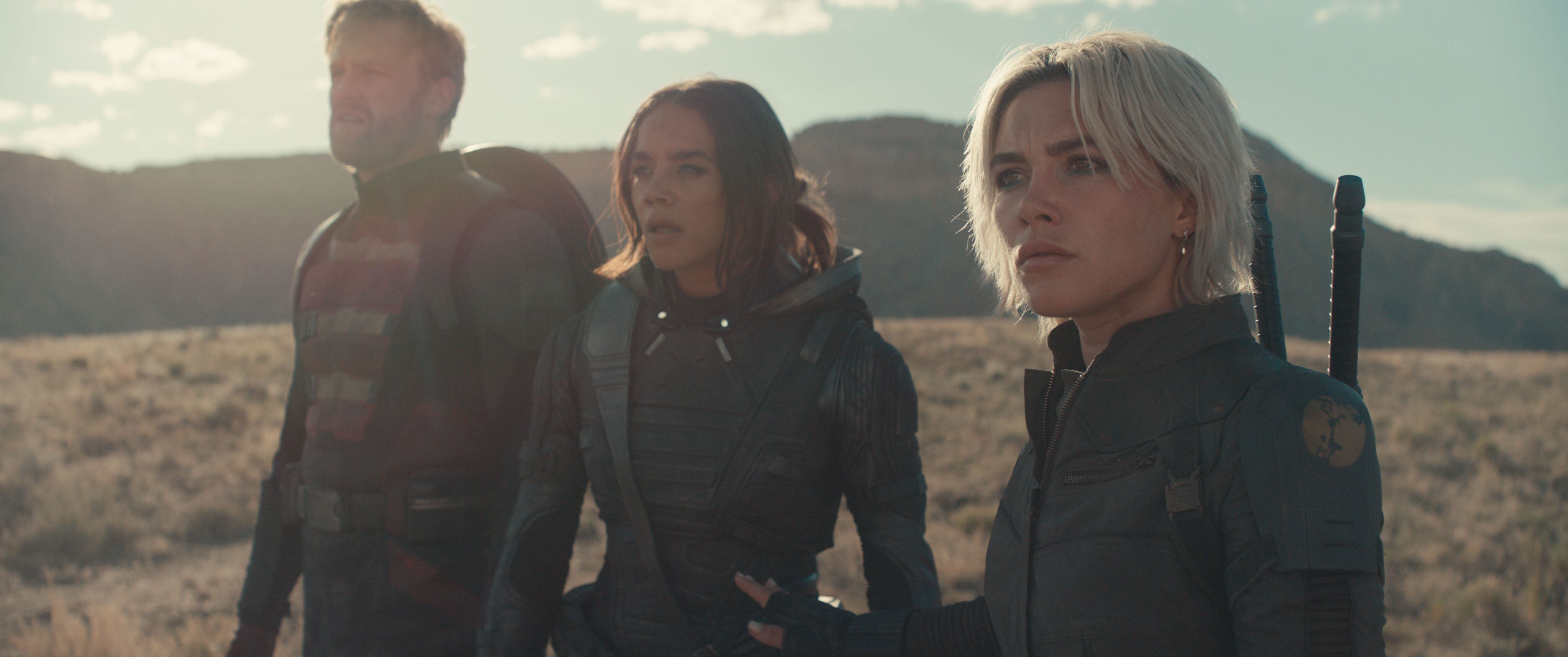 (L-R) John Walker (Wyatt Russell), Ghost (Hannah John-Kamen) and Yelena Belova (Florence Pugh) in Marvel Studios