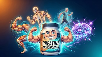 Ilustración de un envase de creatina monohidrato con cara sonriente y brazos musculosos. Alrededor, se ven músculos, un esqueleto, un anciano corriendo y un cerebro.