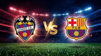Escudos del Levante Unión Deportiva y del Fútbol Club Barcelona con las letras doradas VS al centro sobre césped y luces de estadio.