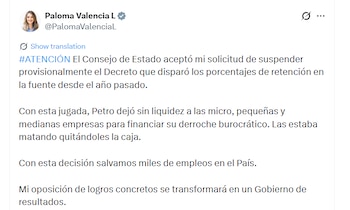 Tras el fallo, la demandante Paloma Valencia se pronunció en la red social X, destacando los efectos de la decisión sobre la liquidez empresarial y el empleo - crédito @PalomaValenciaL/X