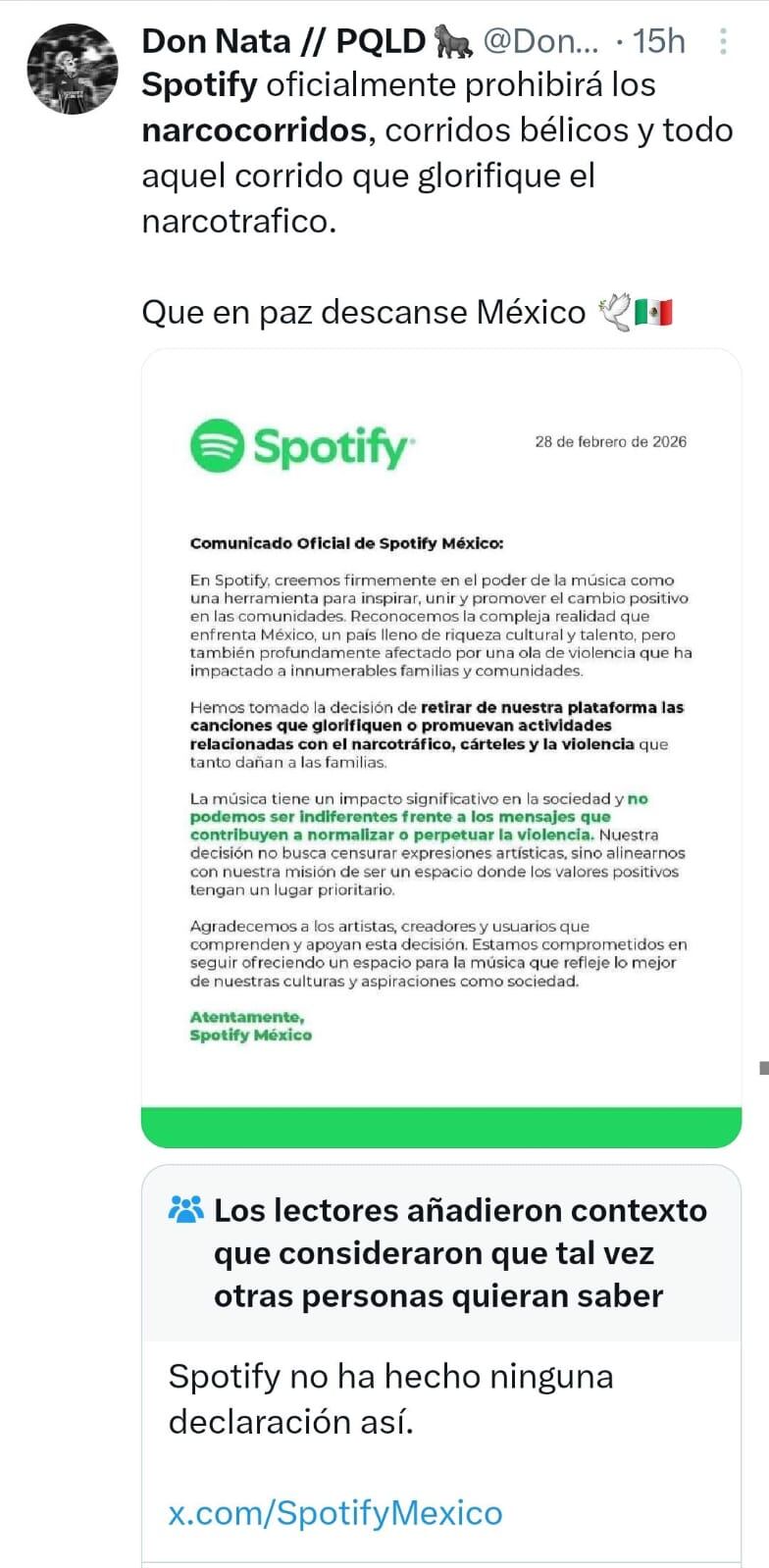 Un comunicado falso atribuido a Spotify México sobre la restricción de narcocorridos circula en redes sociales, el cual fue desmentido por una nota de la comunidad. (X)
