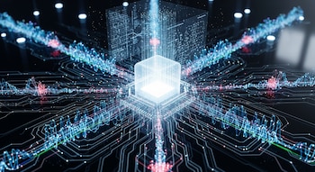 Ilustración digital de una red de computación óptica con un cubo central brillante, líneas de luz interconectadas y datos visualizados en un cubo transparente superior.