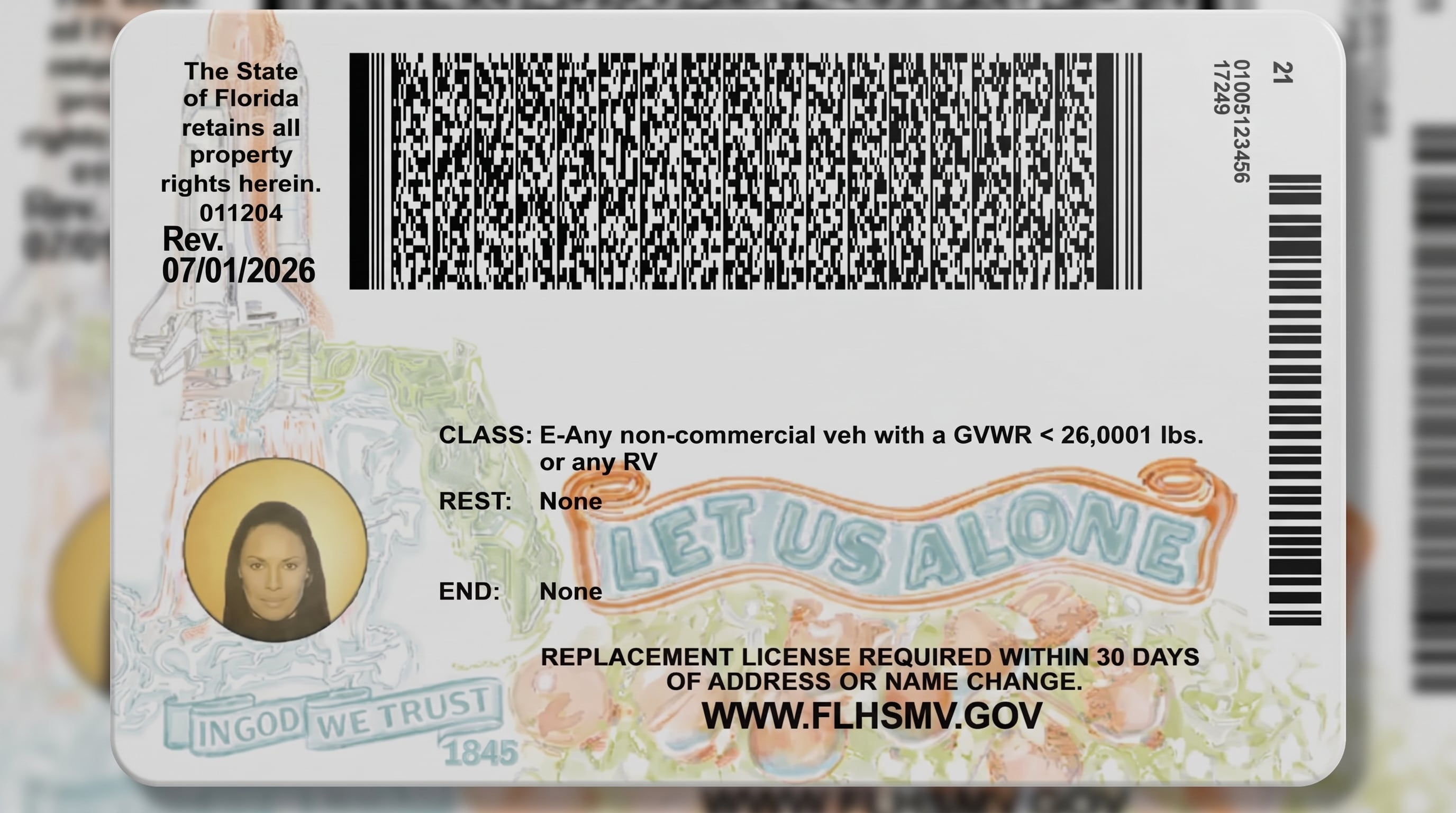 El reverso de una licencia de conducir de Florida incluye datos de categoría de vehículo, códigos de barras y elementos gráficos oficiales del estado. (Departamento de Seguridad Vial y Vehículos de Motor de Florida)