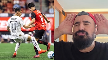 Imagen dividida con dos futbolistas que disputan un balón a la izquierda y un hombre con barba y gorra roja a la derecha.
