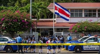 Vista exterior de una escuela costarricense con su bandera izada, dos patrullas policiales y cinta amarilla de "Peligro", con estudiantes cruzando.