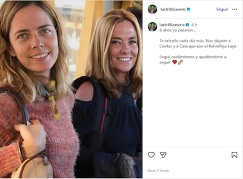 Fotografía de dos mujeres sonriendo, una con suéter rosa y la otra con blusa negra, junto a una publicación de Instagram con texto
