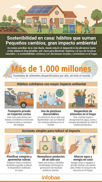 Infografía con una casa sostenible, personas reciclando y cultivando. Muestra ilustraciones de autos contaminantes, plásticos y comida desechada, con consejos de ahorro.