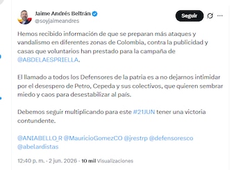 Jaime Andrés Beltrán, el gerente nacional de regiones de la campaña de Abelardo de la Espriella, denunció estrategias para afectar la campaña del candidato presidencial - crédito @soyjaimeandres/X