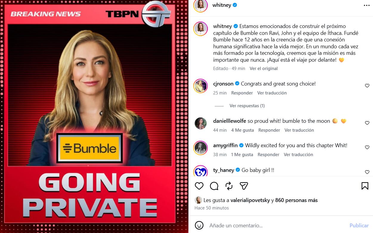 Whitney Wolfe Herd continuará vinculada a la compañía y colaborará con la nueva conducción. (Instagram)