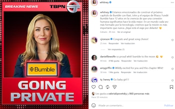 Captura de pantalla de una publicación en red social con el retrato de una mujer, el logotipo de Bumble y el texto Going Private