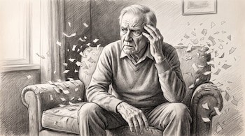 Ilustración a lápiz de un hombre mayor sentado en un sillón, tocándose la cabeza, con papeles pequeños flotando a su alrededor.