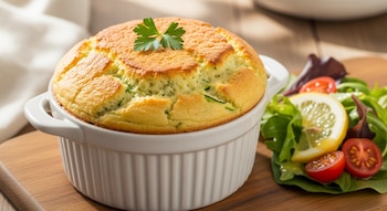 Soufflé de zapallitos dorado en un ramequín blanco con perejil. A su lado, ensalada de lechuga, tomates cherry y rodaja de limón.