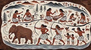 Ilustración de estilo rupestre de un mamut y varias mujeres prehistóricas cazando, recolectando, preparando comida y cuidando niños en un paisaje natural.