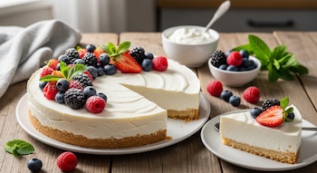 Tarta de yogur ligera sin horno, con una porción cortada, decorada con fresas, arándanos, moras y frambuesas, sobre una mesa de madera.