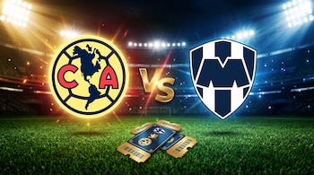 Escudos del Club América y del Club de Fútbol Monterrey con la sigla Vs en medio y boletos de entrada sobre césped en un estadio iluminado.