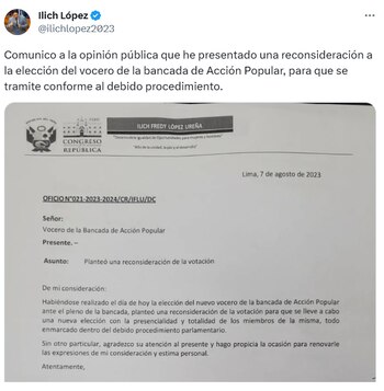 Illich López formuló una reconsideración en la elección del vocero de Acción Popular.