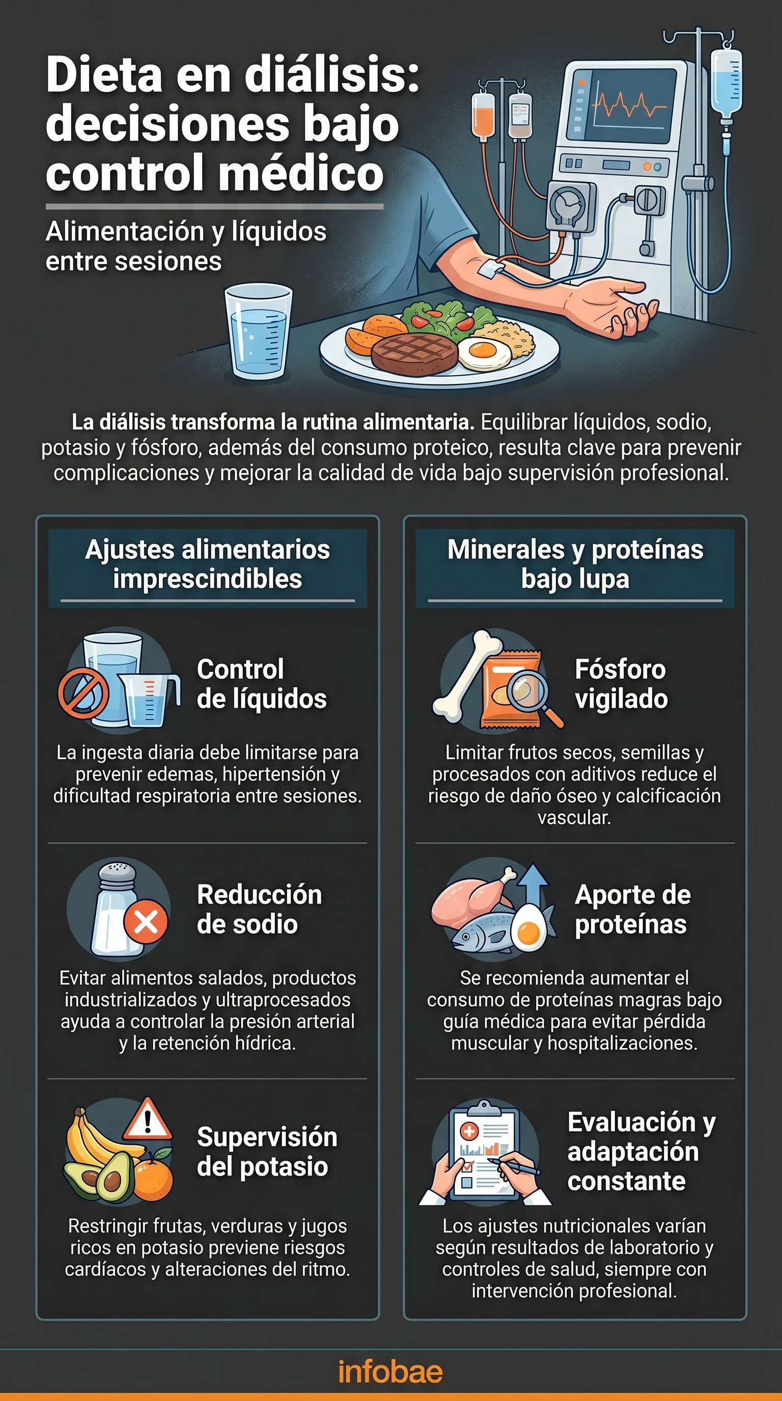 La diálisis aumenta la necesidad de proteínas porque el procedimiento extrae albúmina y puede favorecer la pérdida muscular (Imagen Ilustrativa Infobae)