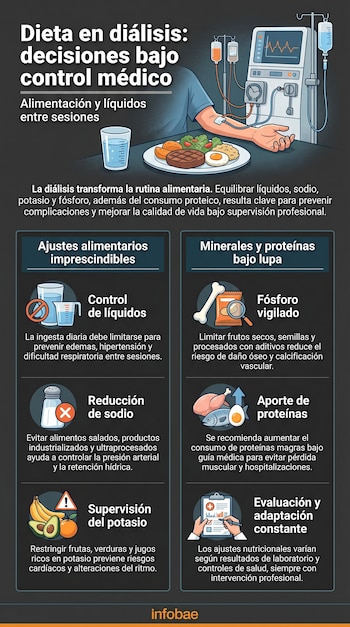 Ilustración de una persona recibiendo diálisis con una máquina, mostrando su brazo conectado. Al lado, un plato con comida y un vaso de agua, y paneles informativos sobre dieta.