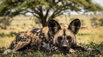 Un perro salvaje africano con pelaje moteado y grandes orejas se encuentra echado en el suelo mirando a la cámara.
