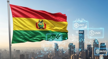 Bandera de Bolivia ondeando sobre un horizonte urbano con rascacielos. Elementos digitales muestran logos de stablecoins (USDT, USDC, BUSD), gráficos y red de conexiones.