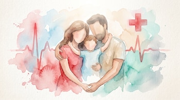 Ilustración de acuarela con un padre, una madre y un hijo abrazados. Un electrocardiograma y una cruz roja aparecen en el fondo.