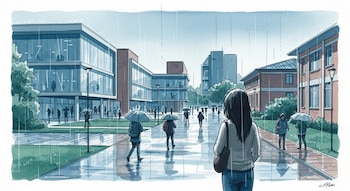 Ilustración en acuarela de un campus universitario bajo la lluvia, con edificios modernos y estudiantes caminando con paraguas, una joven de espaldas en primer plano. Tonos fríos.
