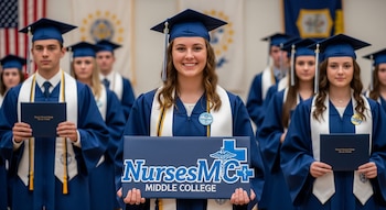 Grupo de estudiantes graduados con toga y birrete azul, algunos con diplomas. Una joven sonriente en primer plano sostiene un cartel de Nurses Middle College. Banderas al fondo.