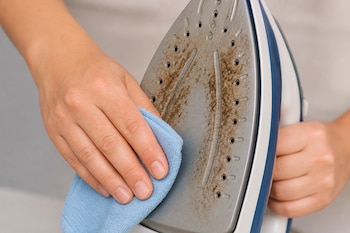 Unas manos sostienen una plancha de ropa con la base metálica sucia mientras la limpian con un paño azul.