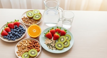 Vista cenital de mesa de madera clara con platos de frutas frescas (frutillas, arándanos, kiwi, naranja), semillas, nueces, jarra de agua y vaso.