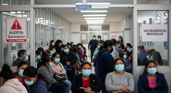 Varias personas con mascarillas esperan en un pasillo de centro médico. Se aprecian carteles de 'ALERTA: Sarampión' y 'USO OBLIGATORIO DE MASCARILLAS'.