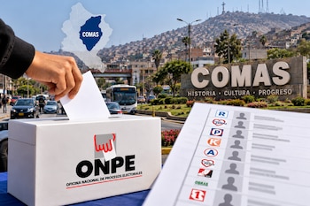 Una mano introduce un voto en una urna de la ONPE junto a una cédula electoral y el letrero del distrito de Comas de fondo