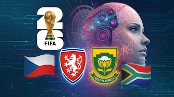 Composición digital con el trofeo de la Copa Mundial 2030, una cabeza de robot, las banderas y escudos de República Checa y Sudáfrica, sobre un fondo de circuitos.