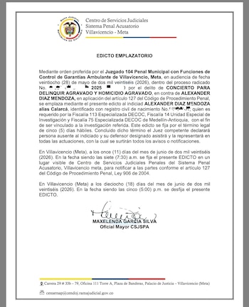 La Fiscalía quedó habilitada para pedir que Alexander Díaz Mendoza, alias Calarcá, sea juzgado como persona ausente después de que un juez validó en segunda instancia el edicto emplazatorio por sus reiteradas inasistencias al proceso - crédito Centro de Servicios Judiciales Sistema Penal Acusatorio Villavicencio